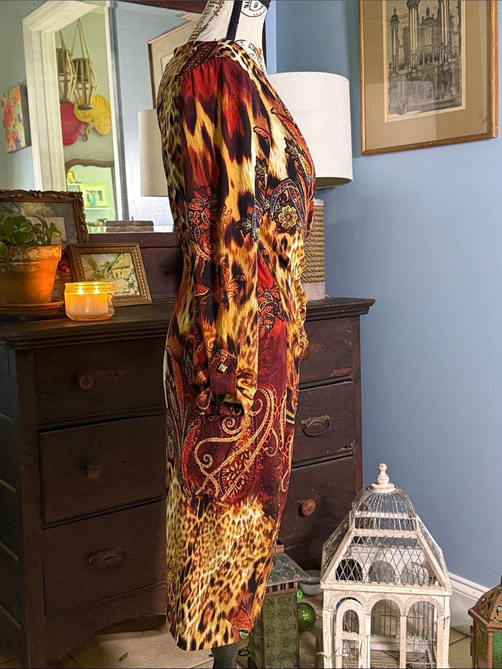Vintage Cache Leopard Paisley Ruched Faux Wrap Dress Medium - Picture 7 of 14